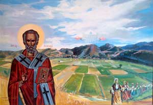 Ο Άγιος Νικόλαος των Λιβαδίων. Έργο του ζωγράφου Ιωσήφ Κόττα από τη Σελενίτσα της Βορείου Ηπείρου, 1999.