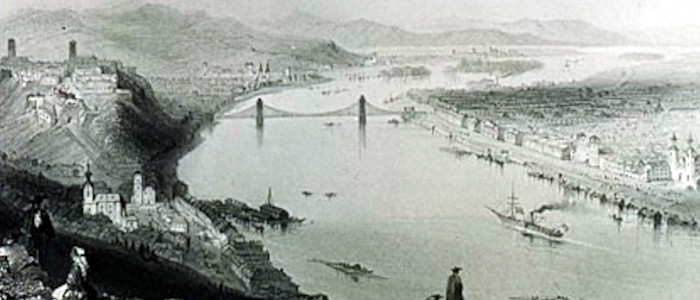 Η κρεμαστή γέφυρα της Βουδαπέστης. Χαλκογραφία. Σχέδιο W. H. Bartlett, Χάραξη G. K. Richardson. Pardoe, J., The Beauties of the Bosphorus..., Λονδίνο 1855. Αθήνα, Συλλογή Κ. Στάικου.