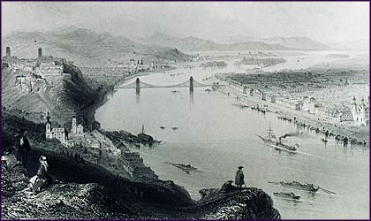 'Aποψη της Βουδαπέστης, όπου διακρίνεται η κρεμαστή γέφυρα, 1855.