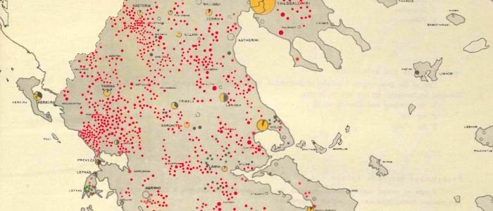 Γενικός χάρτης καταστροφών από το Αι θυσίαι της Ελλάδος στο Δεύτερο Παγκόσμιο Πόλεμο. Κωνσταντίνος Α. Δοξιάδης