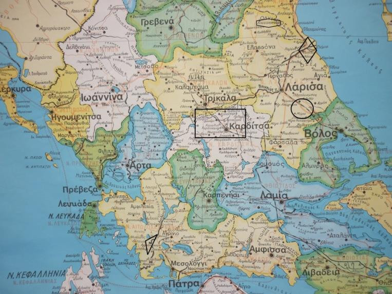 Εικόνα 2. Χάρτης όπου μεταξύ άλλων φαίνονται τα Καραγκουνοχώρια της Ακαρνανίας και της Θεσσαλίας. Πηγή: Πολιτικός και Μορφολογικός Χάρτης Ελλάδος, Διον. & Βασ. Λουκόπουλου