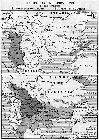 Χάρτης των Βαλκανίων α) κατόπιν της Συνδιάσκεψης του Λονδίνου (1913) και β) μετά την Συνθήκη του Βουκουρεστίου (1913)