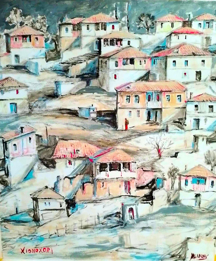 "Χιονοχώρι" - πρωτότυπο έργο του Σερραίου ζωγράφου Χριστόφορου Μελλίδη που βρίσκεται σε εσωτερικό τοίχο στο ισόγειο του 6ου Δημοτικού Σχολείου Σερρών.