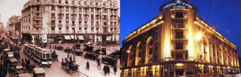 Αριστερά: το θρυλικό ξενοδοχείο «Athenee Palace» στις δόξες τον, το 1918, όταν το Βουκουρέστι θεωρείτο ως «Το Παρίσι της Ανατολής». Δεξιά: το ιστορικό «Athenee Palace» σήμερα ανήκει στην αμερικανική εταιρεία Hilton, η οποία άλλαξε εντελώς τη μορφή του.