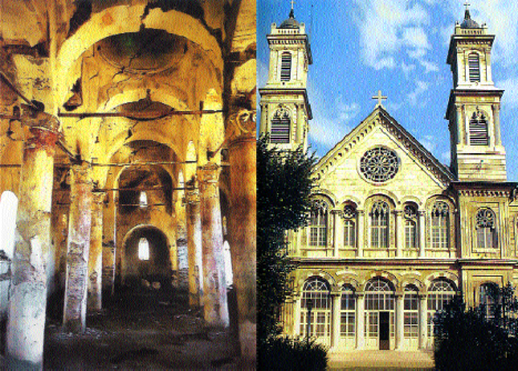Αριστερά: Ο μοναστηριακός ναός της Θεοτόκου, στο Τρεμπούκι του Λαμπόβου, που ανέκτισε ο Ζάππας. Η εσωτερική κιονοστοιχία της ερειπωμένης σήμερα εκκλησίας. Δεξιά: Η μεγαλόπρεπη εκκλησία της Αγίας Τριάδας του Σταυροδρομίου, είναι ένας πετυχημένος συνδυασμός δυτικότροπων και βυζαντινών μορφολογικών στοιχείων.